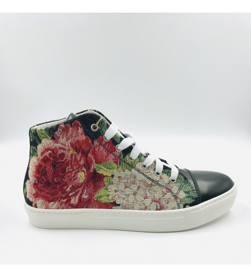 Handmade shoes Black Gobelin with Flowers and Green blank Leather